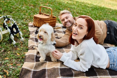A man and woman lay on a blanket in a park with their dog.