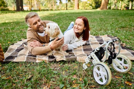 A man and woman in casual attire laying with their dog on a cozy blanket in a park.