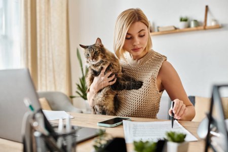 Téléchargez les photos : Une femme aux cheveux courts assise à un bureau à l'intérieur, tenant un chat content dans ses bras, profitant d'un moment paisible à la maison. - en image libre de droit