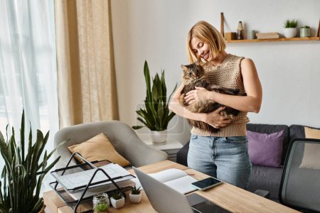 A stylish woman with short hair cradles a content cat in her arms at home, showcasing a special bond.