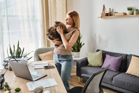 Short-haired woman stands in cozy living room, gently cradling her beloved cat.