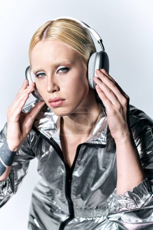 Téléchargez les photos : Belle femme bizarre avec écouteurs en tenue robotique jouissant de la musique et regardant la caméra - en image libre de droit