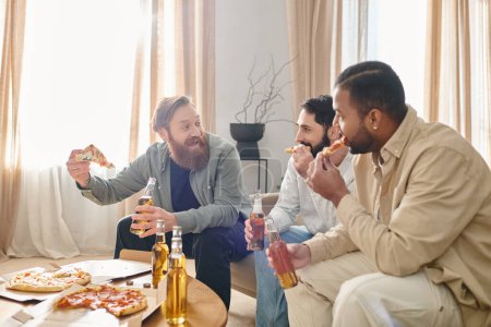 Drei fröhliche, gut aussehende Männer verschiedener Ethnien lachen und essen gemeinsam an einem Tisch in legerer Kleidung Pizza..
