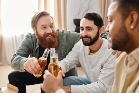 Drei gutaussehende, gut gelaunte Männer unterschiedlicher Rassen genießen zu Hause Bier und gute Gesellschaft und pflegen Freundschaft und Lachen.