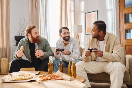 Photo for Three cheerful, handsome men of different ethnicities in casual attire, bonding over video games at home. - Royalty Free Image