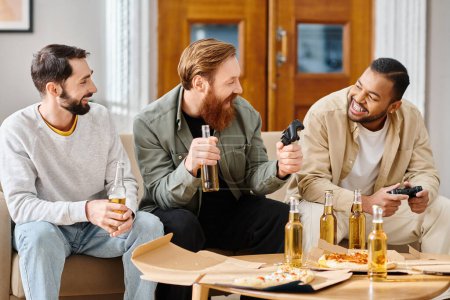 Three cheerful, interracial men in casual attire enjoying drinks and laughter around a table as they share a moment of friendship.