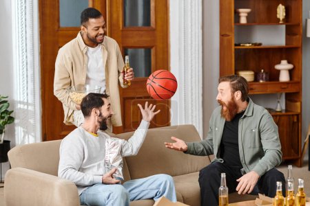 Three handsome, cheerful men of different races play an intense game of basketball, showcasing athleticism, teamwork, and camaraderie.