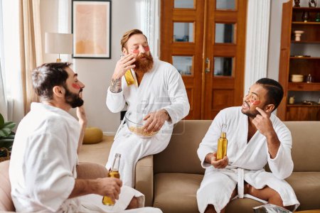 Three diverse, cheerful men in bathrobes relax on top of a couch and enjoy a great time together.