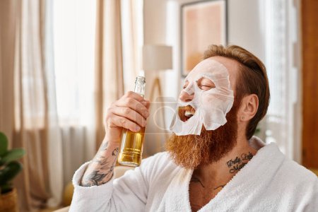 A man in a facial mask holds a bottle of alcohol, embodying relaxation and self-care while enjoying a moment of indulgence.