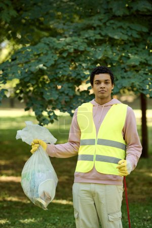 African american man in a yellow vest holding a bag of garbage.
