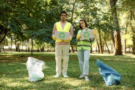 A diverse couple in safety vests and gloves stand in the grass, cleaning the park together, embodying love and environmental responsibility.