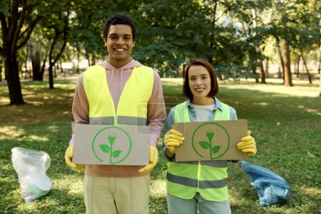 A socially active diverse loving couple in safety vests and gloves holding cardboard boxes with plants in a park.