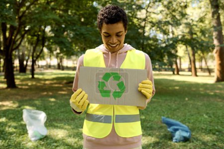 Téléchargez les photos : Un homme afro-américain vêtu d'une veste jaune vibrante tient un recycleur de carton, participant activement aux efforts de durabilité dans un parc. - en image libre de droit