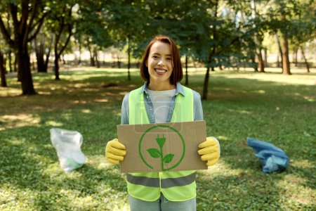 Une femme vêtue d'un gilet vert porte un panneau en carton, son expression reflétant un appel à l'aide ou à la sensibilisation.