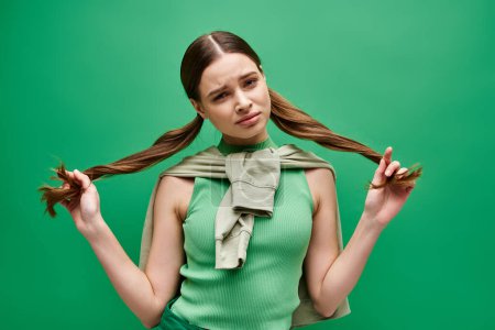 Téléchargez les photos : Une jeune femme aux cheveux longs debout devant un fond vert vibrant. - en image libre de droit