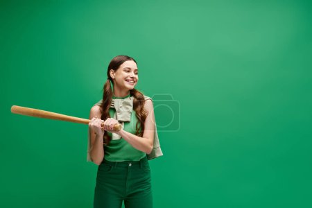 Una joven hermosa mujer de unos 20 años sosteniendo un bate de béisbol frente a un vibrante fondo verde.