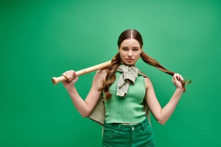 A young woman in her 20s confidently holds a baseball bat over her shoulder in a studio setting with green background.