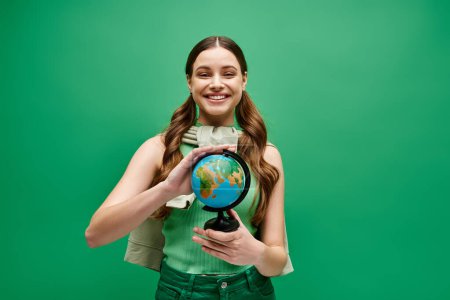 Junge Frau in ihren Zwanzigern mit einer kleinen Weltkugel in der Hand vor ateliergrünem Hintergrund.