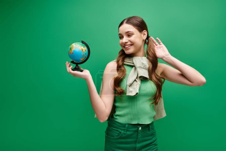Foto de Una joven de unos 20 años sostiene un pequeño globo en su mano, simbolizando su conexión con el mundo y su conciencia global. - Imagen libre de derechos