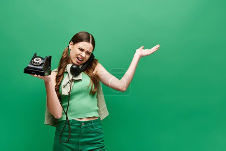 Foto de Una joven de unos 20 años sostiene una cámara mientras habla en un teléfono retro en un entorno de estudio con un fondo verde. - Imagen libre de derechos