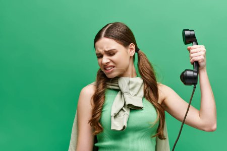Photo for A displeased woman in her 20s holds a retro telephone in a studio setting with a green background. - Royalty Free Image