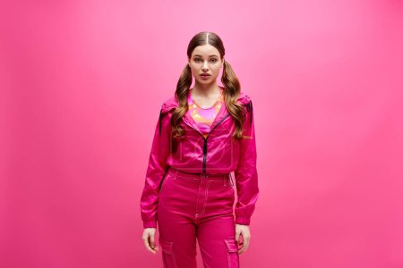 Photo for A young, stylish woman in her 20s wearing a pink outfit poses elegantly in front of a matching pink background. - Royalty Free Image