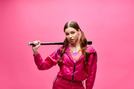 Foto de Una mujer joven y elegante de unos 20 años vestida con un atuendo rosa sostiene con confianza un bate de béisbol contra un vibrante telón de fondo rosa. - Imagen libre de derechos