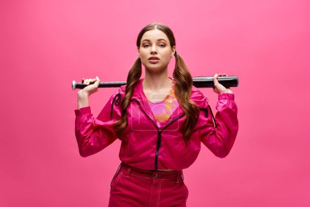 A stylish young woman in her 20s donning a pink jacket, holding a baseball bat against a vibrant pink backdrop.