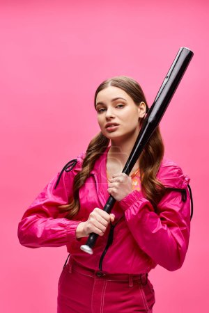 A stylish young woman in her 20s wielding a baseball bat against a pink backdrop.