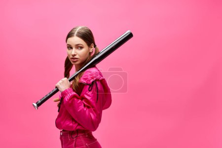 A stylish young woman in her 20s swings a baseball bat while wearing a pink jacket in a studio with a pink background.