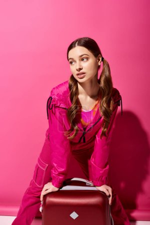 Eine stylische junge Frau in ihren Zwanzigern sitzt mit einem Koffer auf dem Boden und verströmt vor rosa Hintergrund Fernweh und Abenteuer..