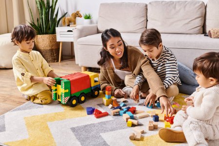 A group of children, led by their Asian mother, engrossed in playful activities with various toys on the living room floor.