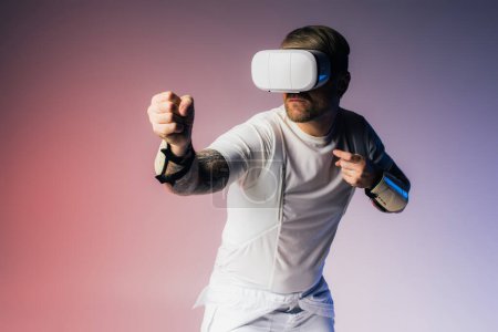A man in a white shirt explores the Metaverse through a white VR headset in a studio setting.