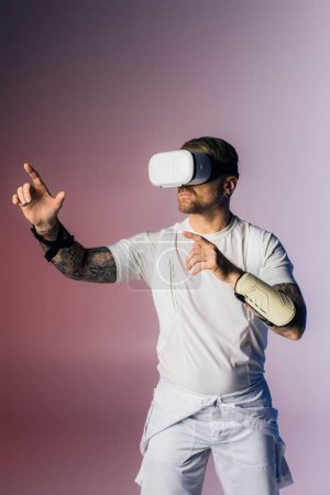 A man in a VR headset, dressed in a white shirt and white shorts, explores the metaverse in a studio setting.