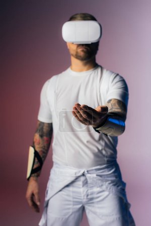 A man wearing a blindfold holds a virtual book, symbolizing a connection between the unknown and the pursuit of knowledge.