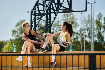 Zwei junge Frauen, athletisch und lebhaft, unterhalten sich auf einer Bank in einer sonnigen Outdoor-Umgebung, eingetaucht in einen Moment der Bindung und des Lachens.