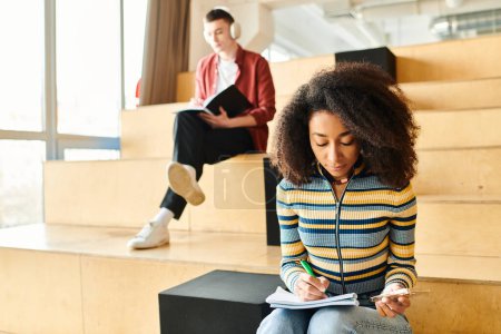 Téléchargez les photos : Une jeune femme d'un étudiant afro-américain s'assoit sur un pas, absorbée par l'écriture sur un morceau de papier - en image libre de droit