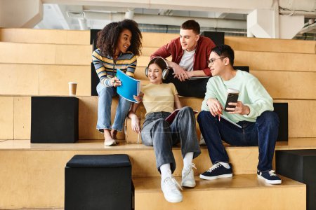 Photo for Multicultural students, including an African American girl, sit together on steps, engaging in a lively conversation - Royalty Free Image