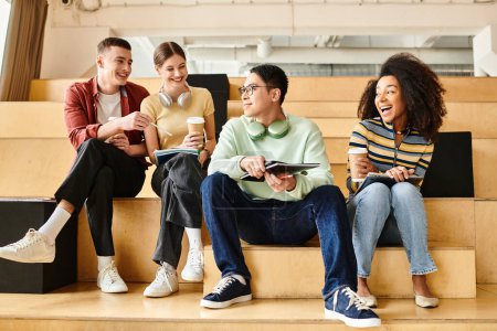Photo for Multicultural students of various backgrounds gather on steps, engaged in conversation and sharing stories - Royalty Free Image