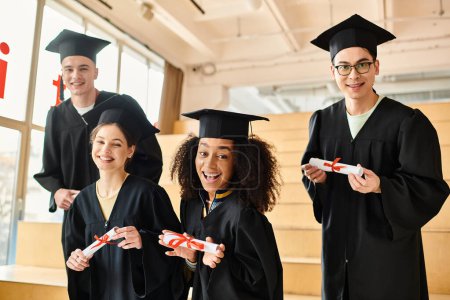 A group of diverse students, including caucasian, Asian, and African American members, standing together in academic gowns and caps.