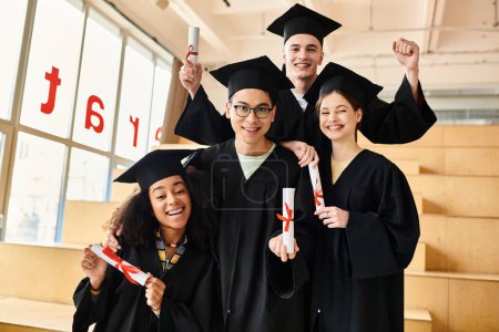 A diverse group of students in graduation gowns and caps posing for a celebratory moment together.