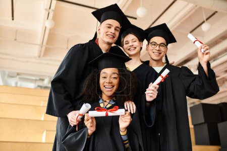 Diverso grupo de estudiantes en trajes de graduación y gorras académicas sonriendo felizmente para una foto en el interior.