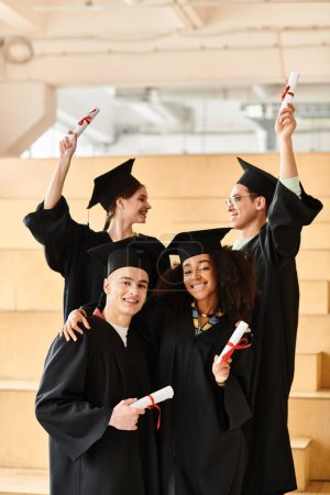 Diverso grupo de estudiantes en vestidos de graduación y gorras posando felices para una foto.