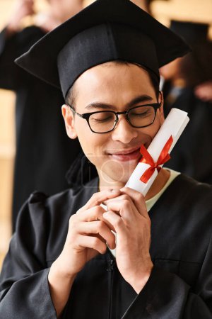 Asian man wearing a graduation cap and gown smiling while holding a diploma in his hand.