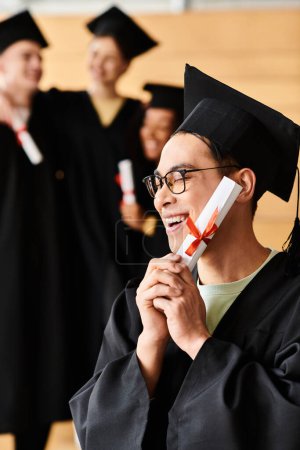 Der asiatische Mann trägt stolz eine Mütze und ein Abendkleid, die akademische Leistung und Erfolg symbolisieren.