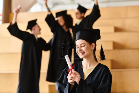 Un grupo diverso de graduados celebrando el logro, una mujer en un vestido de graduación orgullosamente sostiene su diploma.