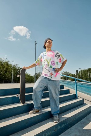 A young man confidently stands on a skateboard at the top of a set of stairs, preparing to descend.