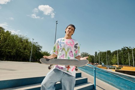 Ein junger Mann hält selbstbewusst ein Skateboard in der Hand, während er auf städtischen Stufen steht und dabei ein Gefühl von Freiheit und Geschicklichkeit ausstrahlt.