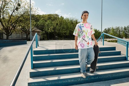 A young skater boy stands on urban steps holding a skateboard, ready to ride in a city skate park on a sunny summer day.