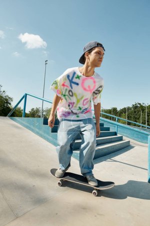 A young man skillfully rides a skateboard down a set of stairs at a vibrant outdoor skate park on a sunny summer day.
